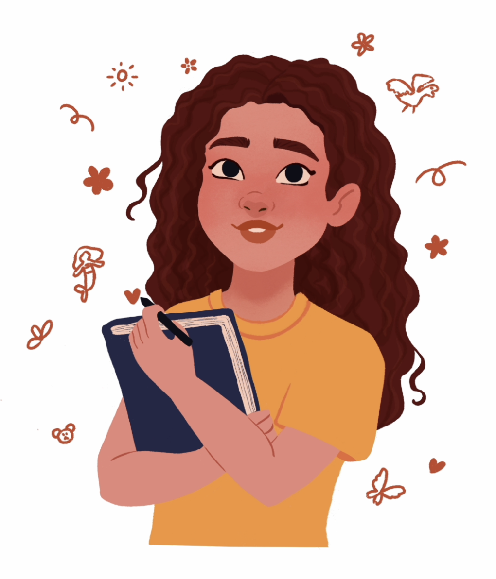 illustration of girl in a yellow T-shirt holding a sketchbook surrounded by sketches